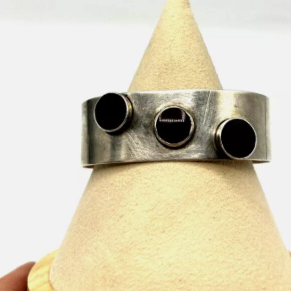 Sterling Silver Three Color Round Stone Cuff Bracelet Modernist Navajo Signed - Picture 6 of 9